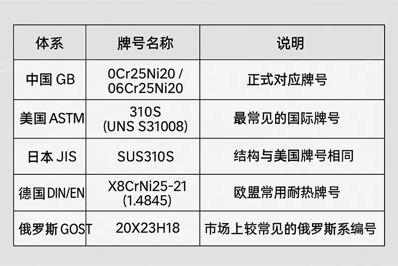 310S牌号对照表概念图