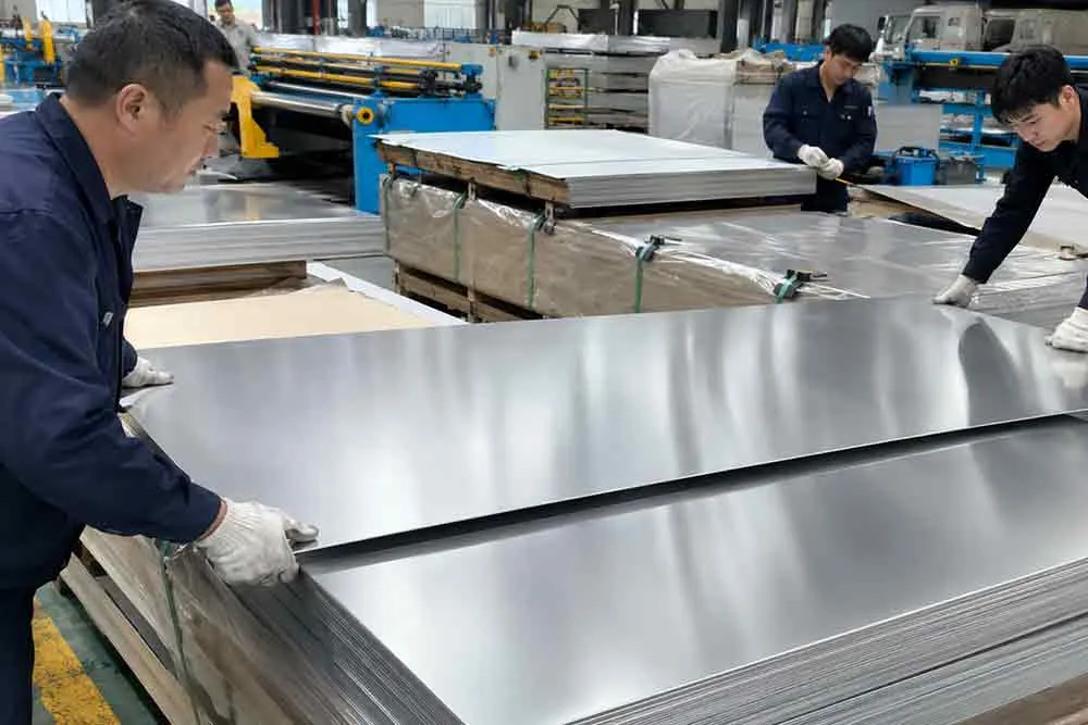 工人测量310S耐热不锈钢冷轧板尺寸现场
