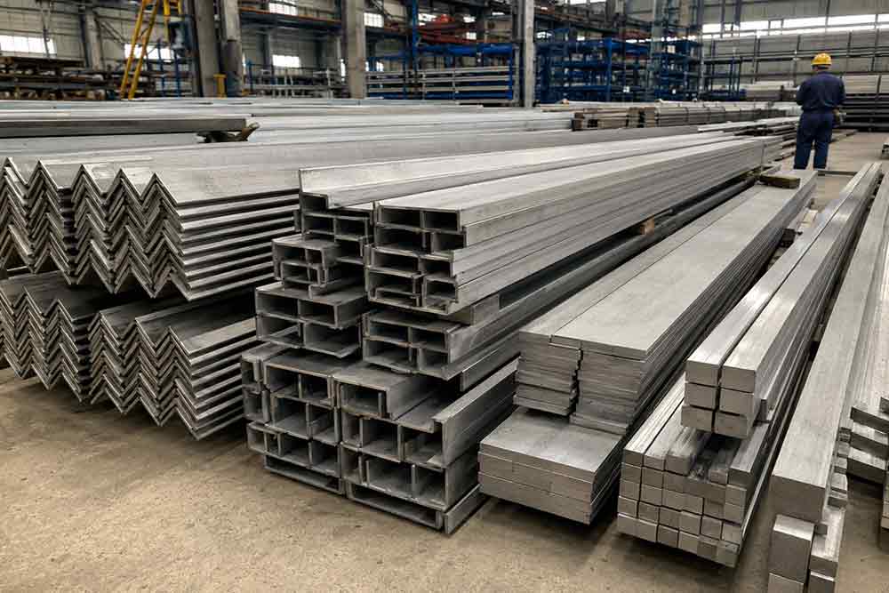 仓库中整齐摆放的310S角钢、槽钢、扁钢、方钢等型材