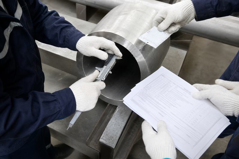 验收人员核对310S厚壁管尺寸、标识与材质文件，画面仅显示手部