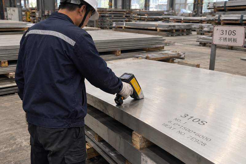 技术人员从侧后方使用手持光谱仪筛查310S材料