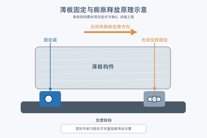 薄板固定端与允许位移方向示意（非施工图）